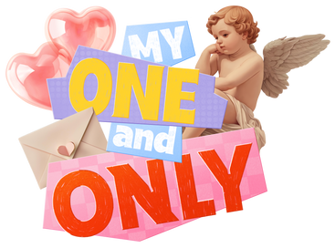 Schriftzug „my one and only“ mit amor, umschlag und herzförmigen luftballons PNG, SVG