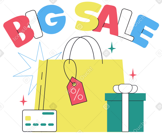 Lettering Big Sale with bag, card and gift box text PNG, SVG