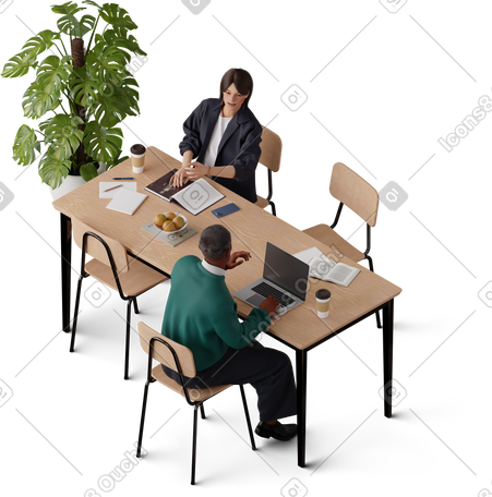 3D isometric view of young girl and man working at office desk PNG, SVG