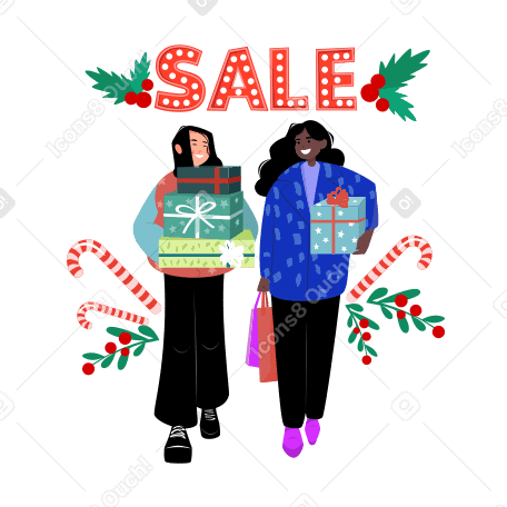 Две женщины делают покупки на рождественской распродаже в PNG, SVG