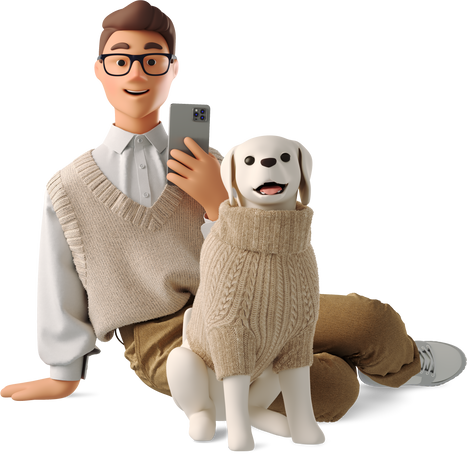 young man sitting on the floor with dog in sweater and taking photo Illustration in PNG, SVG
