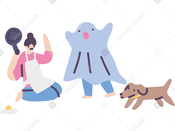 Child in ghost costume scaring mom PNG, SVG