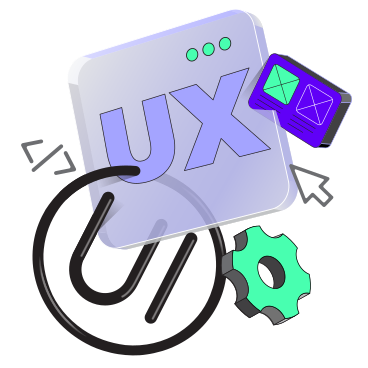 Letras ux/ui com design de aplicativo, cursor e texto de engrenagem PNG, SVG
