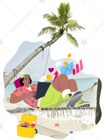 Young man working remotely on the beach PNG, SVG
