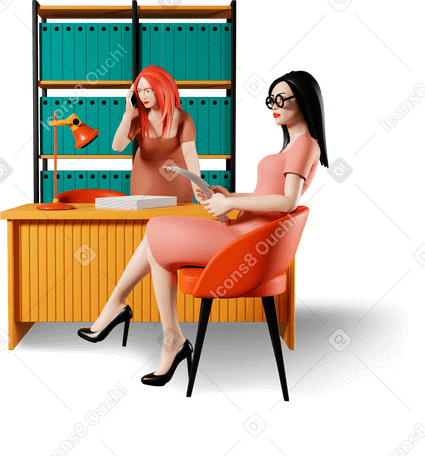 3D two girls in office Illustration in PNG, SVG