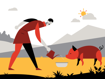 Farmer giving a drink to a pig PNG, SVG