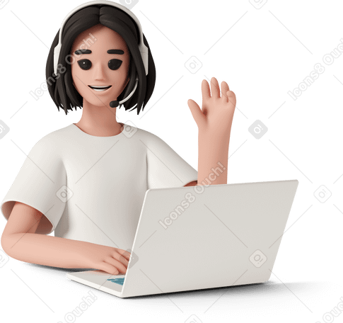 3D young woman in headphones with laptop Illustration in PNG, SVG