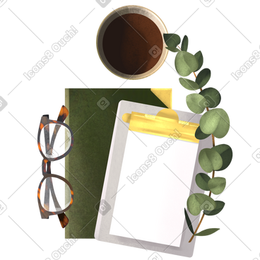 Notepad with glasses and a cup of coffee top view PNG, SVG