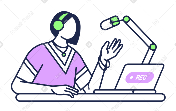 Женщина записывает подкаст с микрофоном и ноутбуком в PNG, SVG