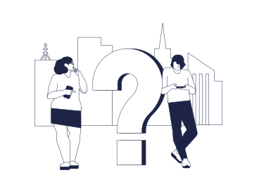 La donna e l'uomo in città sono in piedi accanto al grande punto interrogativo guardando gli smartphone PNG, SVG