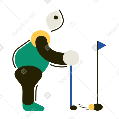 Мужчина засовывает мяч для гольфа в лунку в PNG, SVG