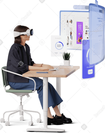 3D young woman working in vr headset PNG, SVG