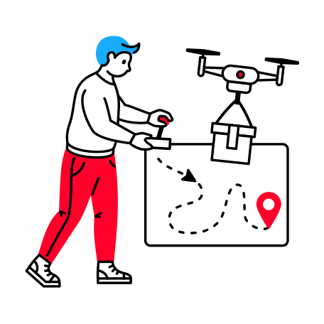 Man controls a drone that delivers a package to its destination Illustration in PNG, SVG