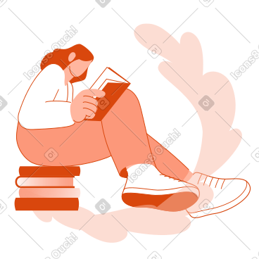 女孩在一堆书上读书 PNG, SVG