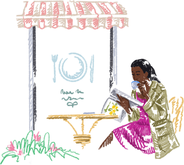 Young woman drinking coffee and reading a magazine in an outdoor cafe PNG、SVG