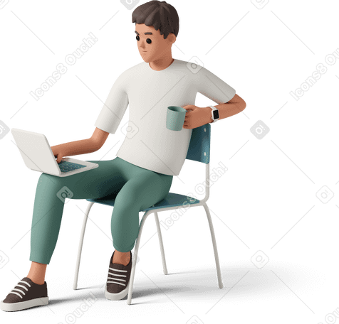 3D Мальчик сидит с ноутбуком и чашкой в PNG, SVG