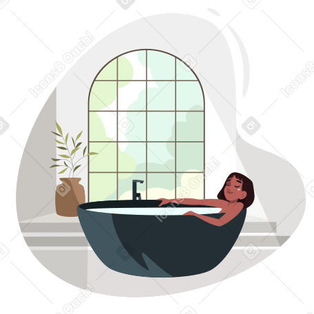 Девушка принимает ванну в светлой комнате с большим окном в PNG, SVG