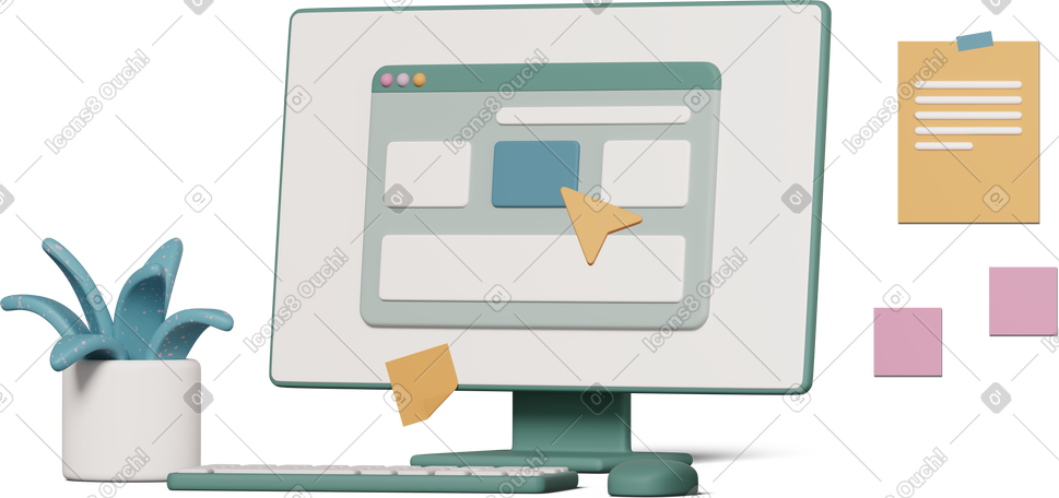 3D monitor with plant and open window PNG, SVG