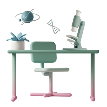 Laboratorio di scienze con sedia e scrivania con microscopio e pianta in vaso PNG, SVG