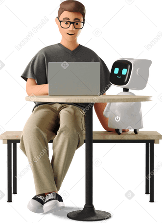 3D man working at laptop with robot assistant в PNG, SVG