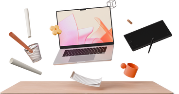 Front view of designer's desk with laptop, tablet and notebook PNG, SVG