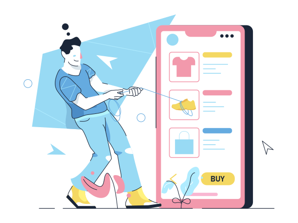 Man wants to buy shoes by phone online Illustration in PNG, SVG