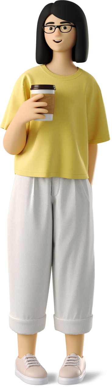 young woman standing with coffee PNG, SVG