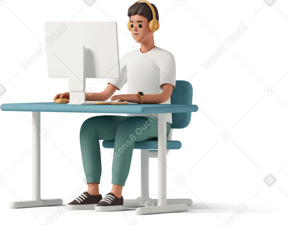 3D 주황색 헤드폰을 끼고 컴퓨터에 앉아 있는 청년 PNG, SVG