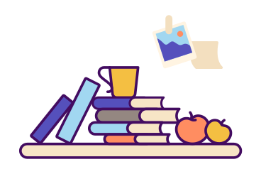 Bookshelf with books and apples PNG, SVG