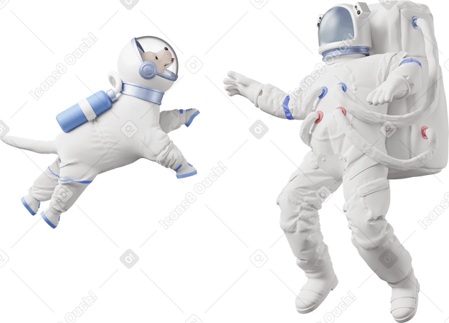 3D astronaut and dog in space suit floating Illustration in PNG, SVG