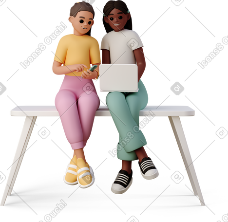 3D young women sitting with gadgets on the table PNG, SVG