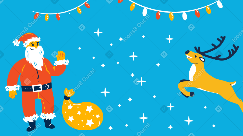 Santa with Christmas gift beckoning a reindeer Illustration in PNG, SVG