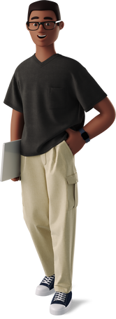 3D young man standing with laptop PNG, SVG