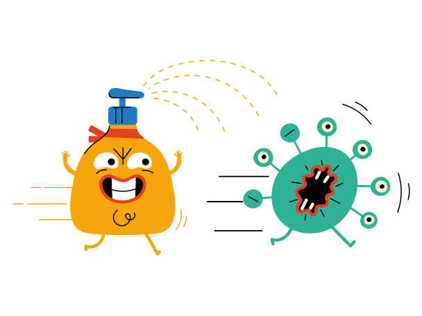Antiseptic bottle chasing the virus Covid-19 Illustration in PNG, SVG