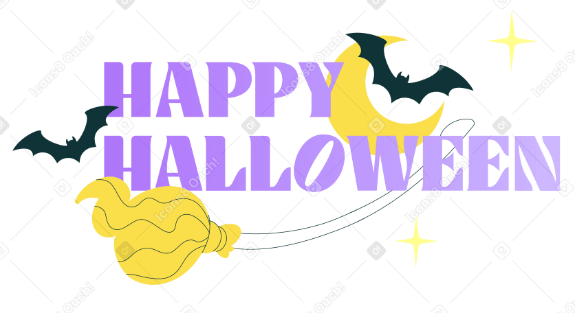 Text happy halloween-schriftzug mit besen und fledermäusen PNG, SVG