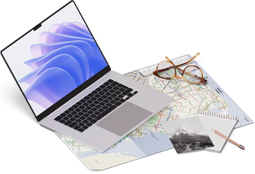 Visão isométrica de mapa, laptop, óculos, cartão postal, lápis PNG, SVG