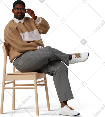 Young man posing sitting on chair and fixing eyeglasses PNG, SVG