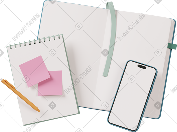 3D notebook with sticky notes notepad and phone动态插图，格式有GIF、Lottie (JSON)、AE