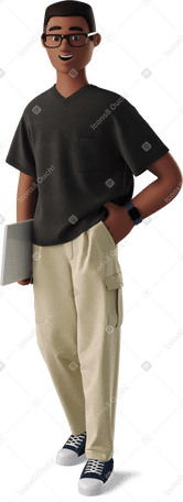 3D young man standing with laptop PNG, SVG