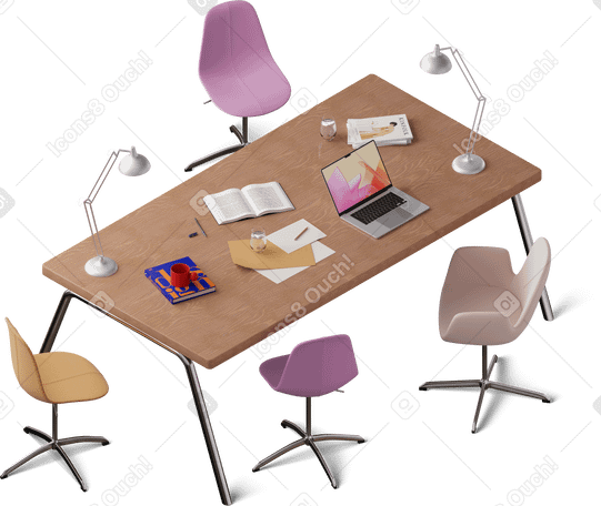 3D isometric view of office desk with laptop and project files PNG, SVG