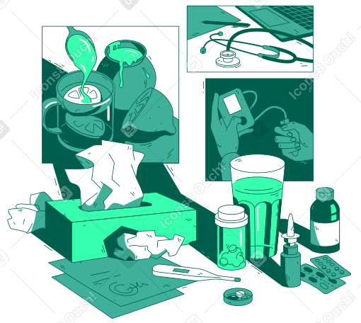 Ilustração animada de Tratamento, equipamentos médicos e medicamentos prescritos em GIF, Lottie (JSON), AE