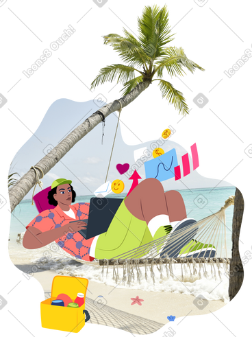 Young man working remotely on the beach PNG, SVG