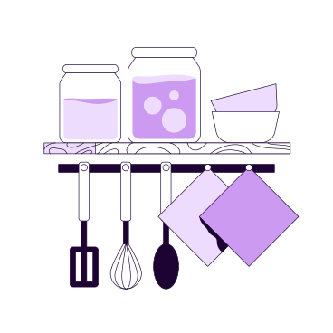 Scaffale con vasetti e piatti, utensili da cucina e tovaglioli PNG, SVG