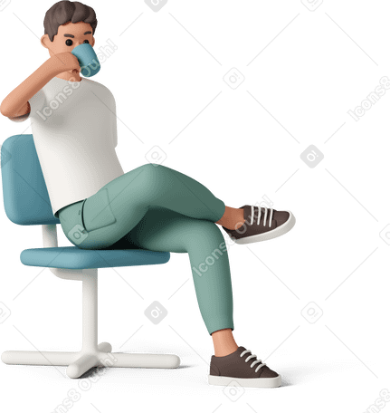 3D young man sitting on the chair and drinking coffee PNG, SVG