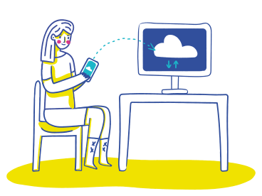 Женщина загружает файлы с телефона в облако в PNG, SVG