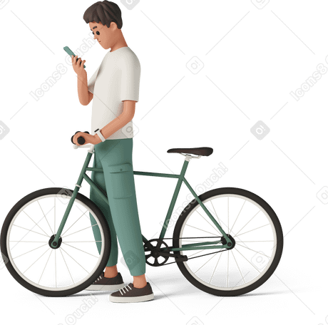 3D Вид сбоку человека, стоящего с велосипедом и смотрящего в свой телефон в PNG, SVG