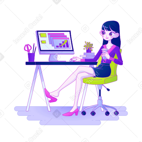 Break time of a woman working in the office on analytics Illustration in PNG, SVG