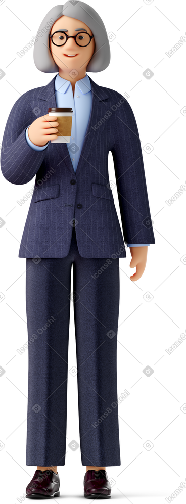 Old woman in blue blazer with paper coffee cup PNG, SVG