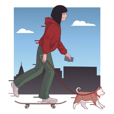 Woman on skateboard walking her puppy Illustration in PNG, SVG