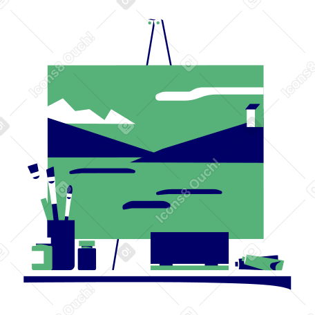 Landschaft auf einer staffelei, umgeben von farben und pinseln PNG, SVG